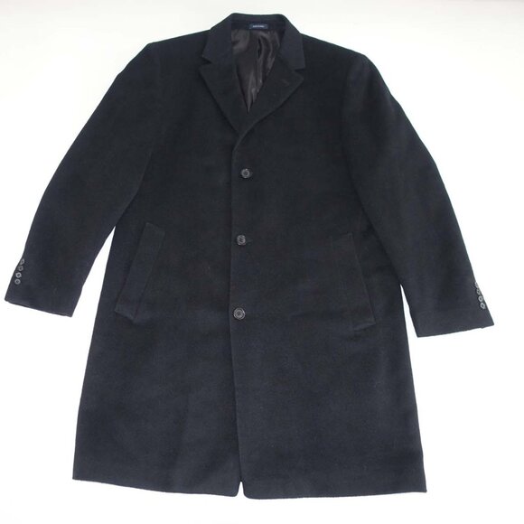 Chaps Men's Overcoat Size 44 Long Black Wool Blend 3 Button Front Heavy Winter